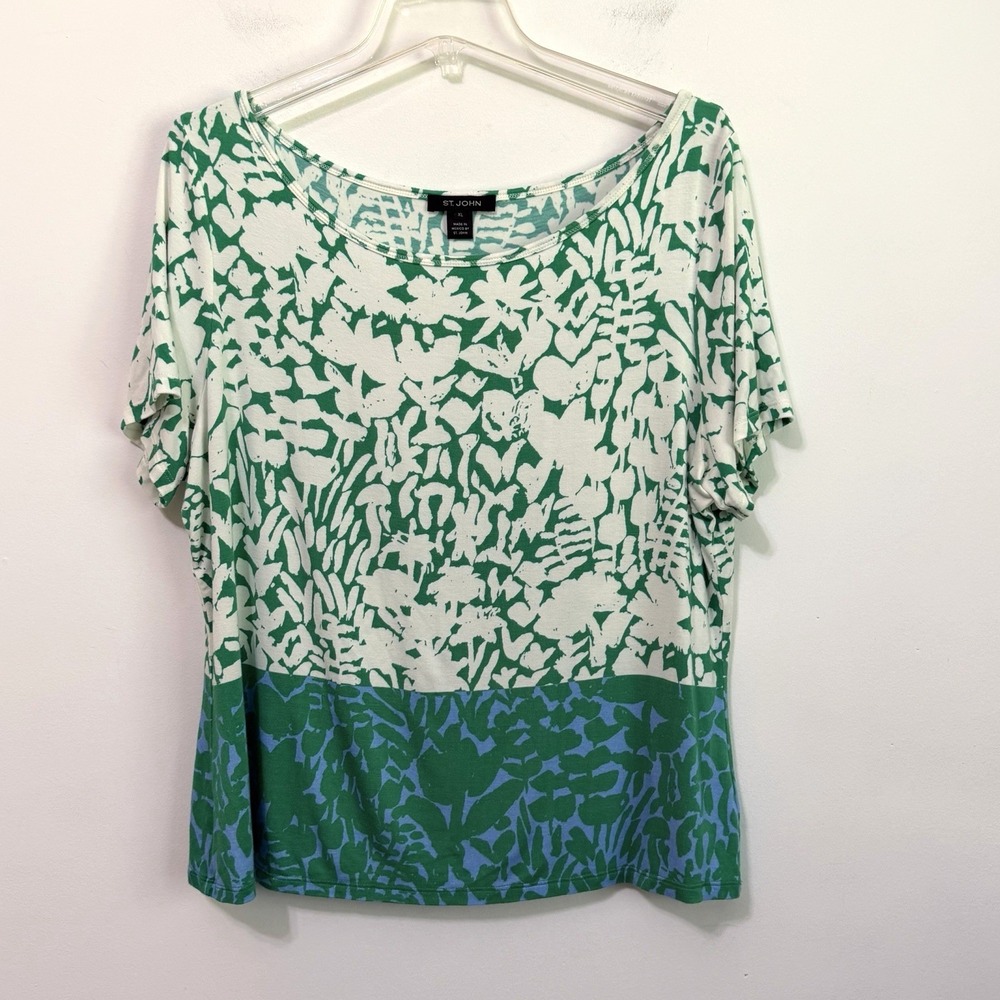 St John Tee Top XL Short Sleeve Green Leaf Print Summer Soft Boat Neck Popover